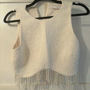 Mango White Crop Top with Pearl Fringe